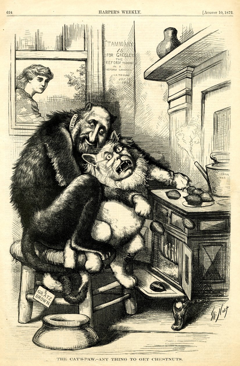 A pata do gato - Qualquer coisa para obter castanhas, 1872 (gravura em madeira) de Thomas Nast