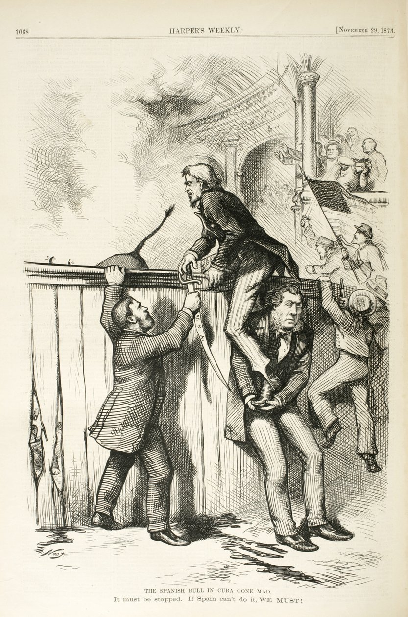 O touro espanhol em Cuba enlouqueceu, 1873 (gravura em madeira) de Thomas Nast