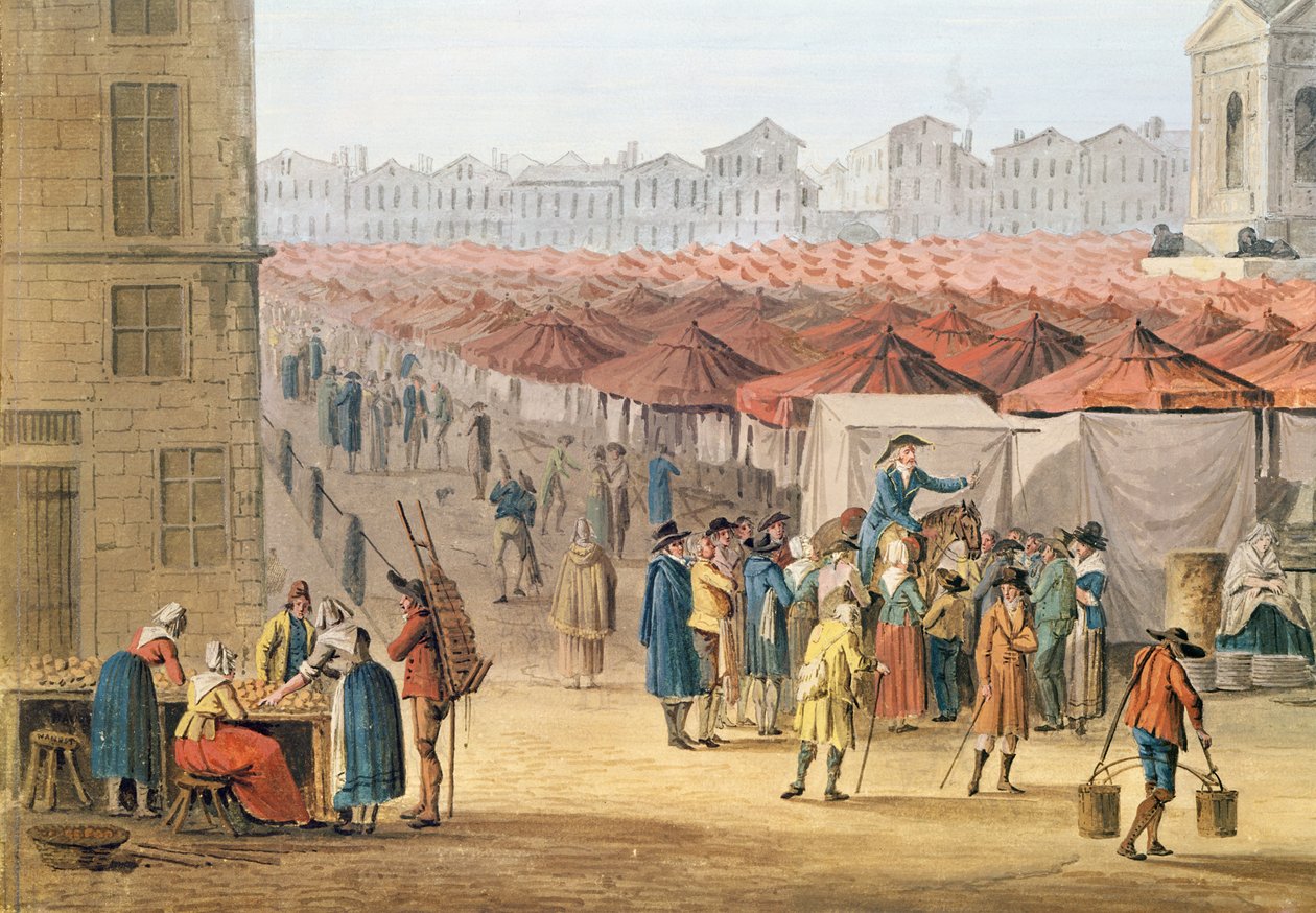 O Marche des Innocents, detalhe do lado esquerdo, c.1794-1810 (wc e guache sobre papel) de Thomas Naudet