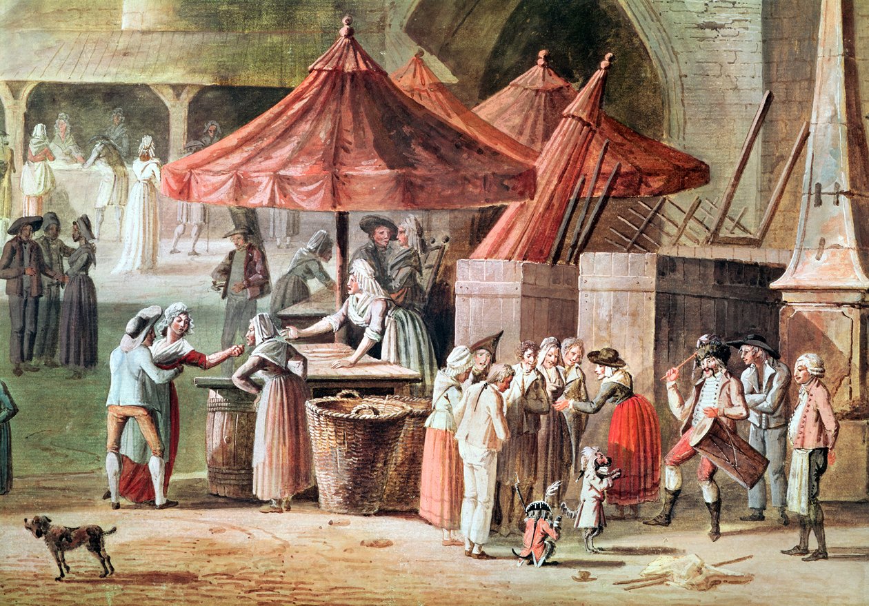 A Place de l&39;Apport-Paris em frente ao Grand Chatelet, detalhe dos comerciantes do mercado e artistas de rua, antes de 1802 (wc e guache no papel) de Thomas Naudet