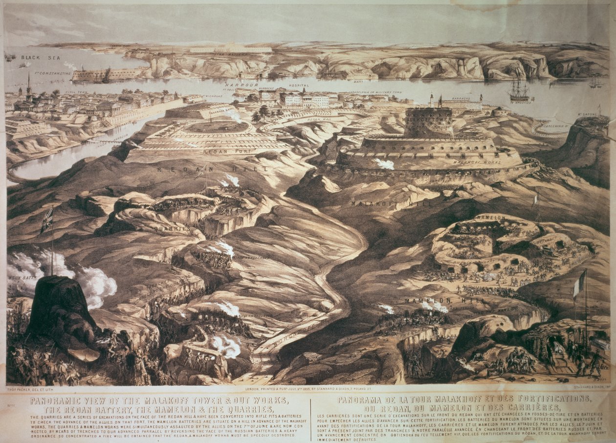 Vista panorâmica da Torre Malakoff e Out Works, a Bateria Redan, o Mamelon e as Pedreiras, pub. 1855 por Stannard e Dixon de Thomas Packer