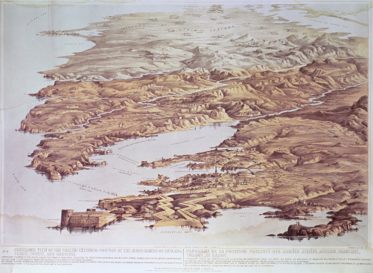 Vista panorâmica da actual posição alargada dos exércitos aliados da Inglaterra, França, Turquia e Sardenha, a partir de um desenho em aquarela de Frank C. Hughes, pub. por Stannard e Dixon, 1855 de Thomas Packer
