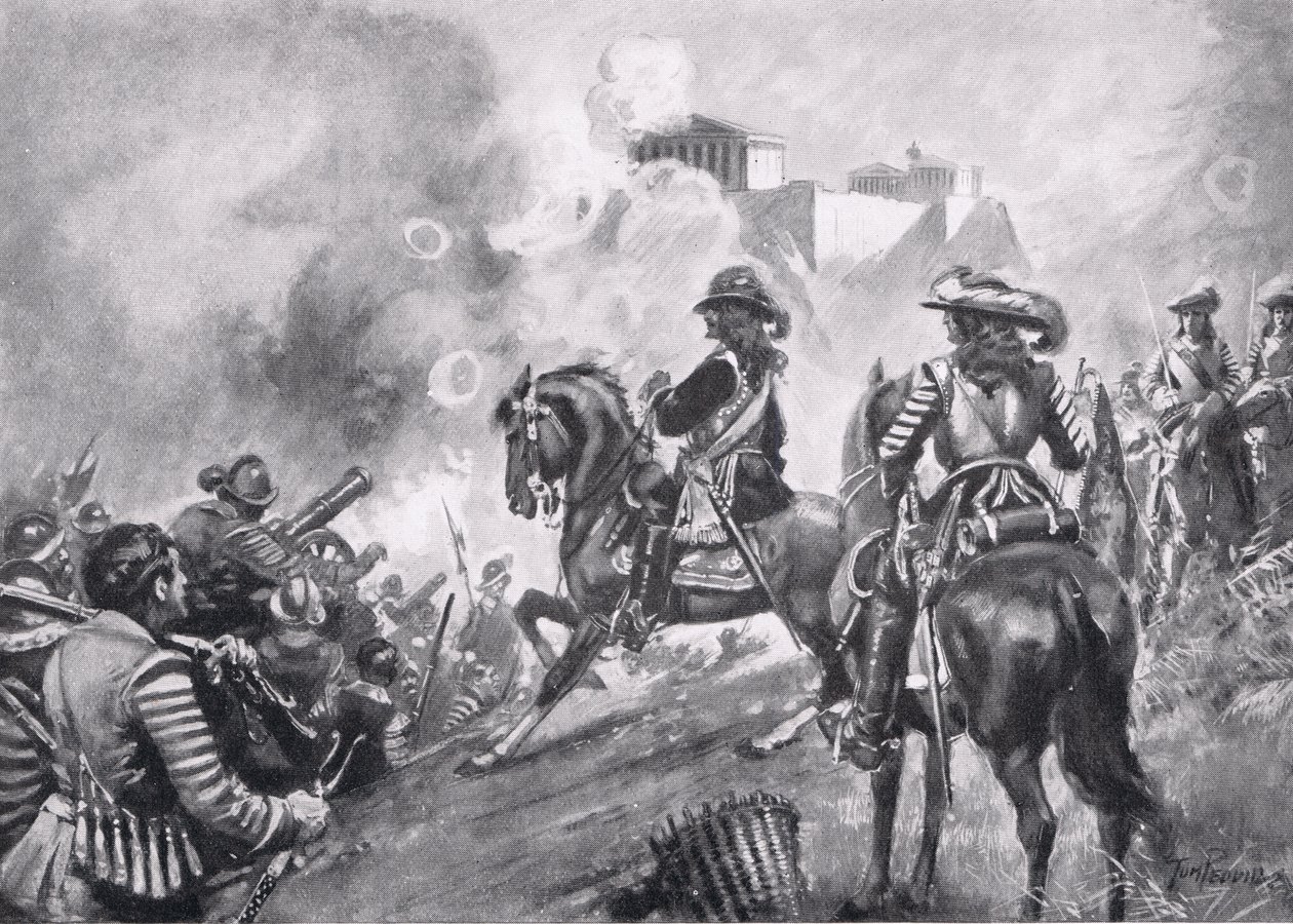 Francesco Morosini Bombardeando o Partenon, ilustração da Hutchinsons História das Nações de Thomas Peddie