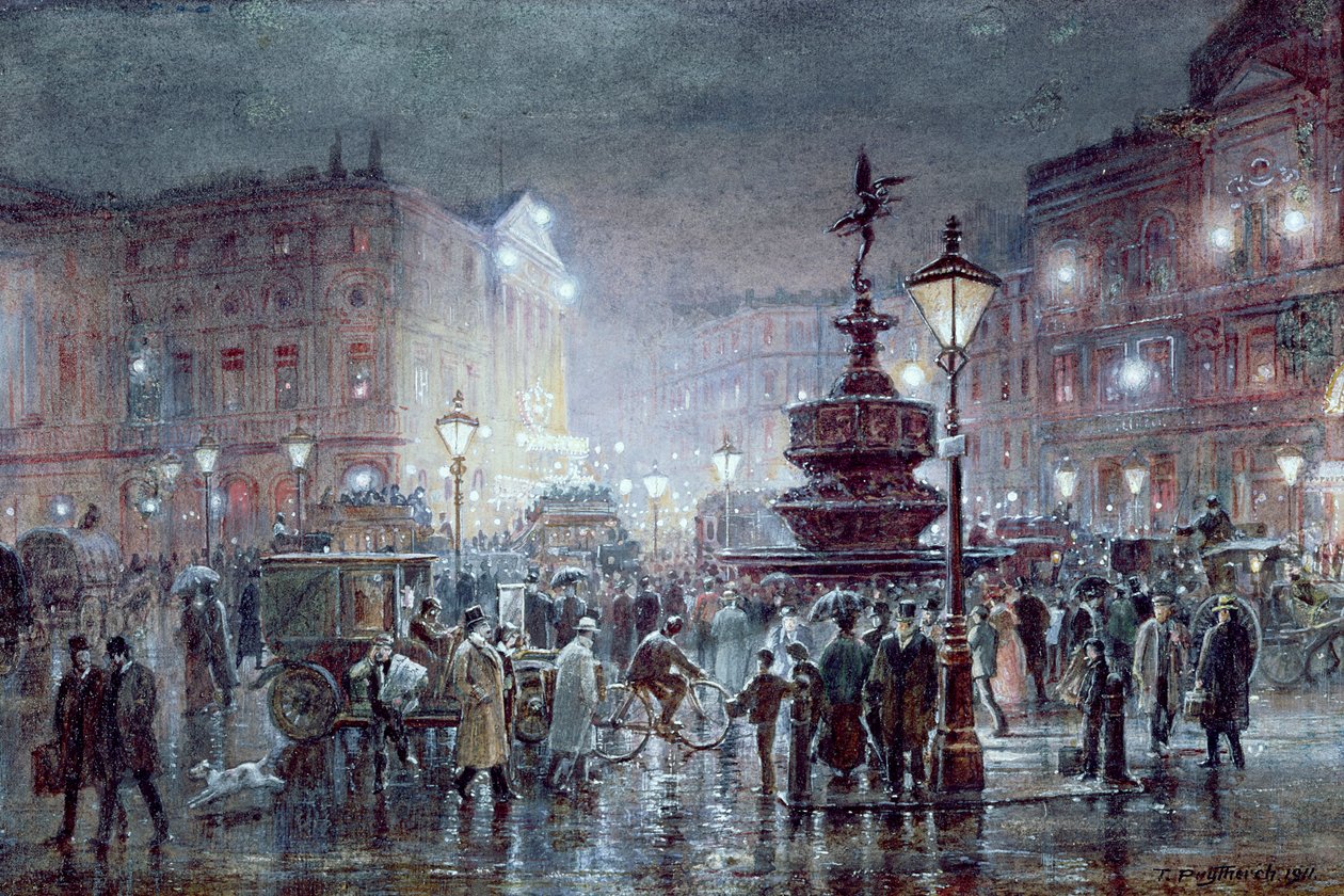 Piccadilly Circus à noite, 1911 (wc e guache sobre papel) de Thomas Prytherch