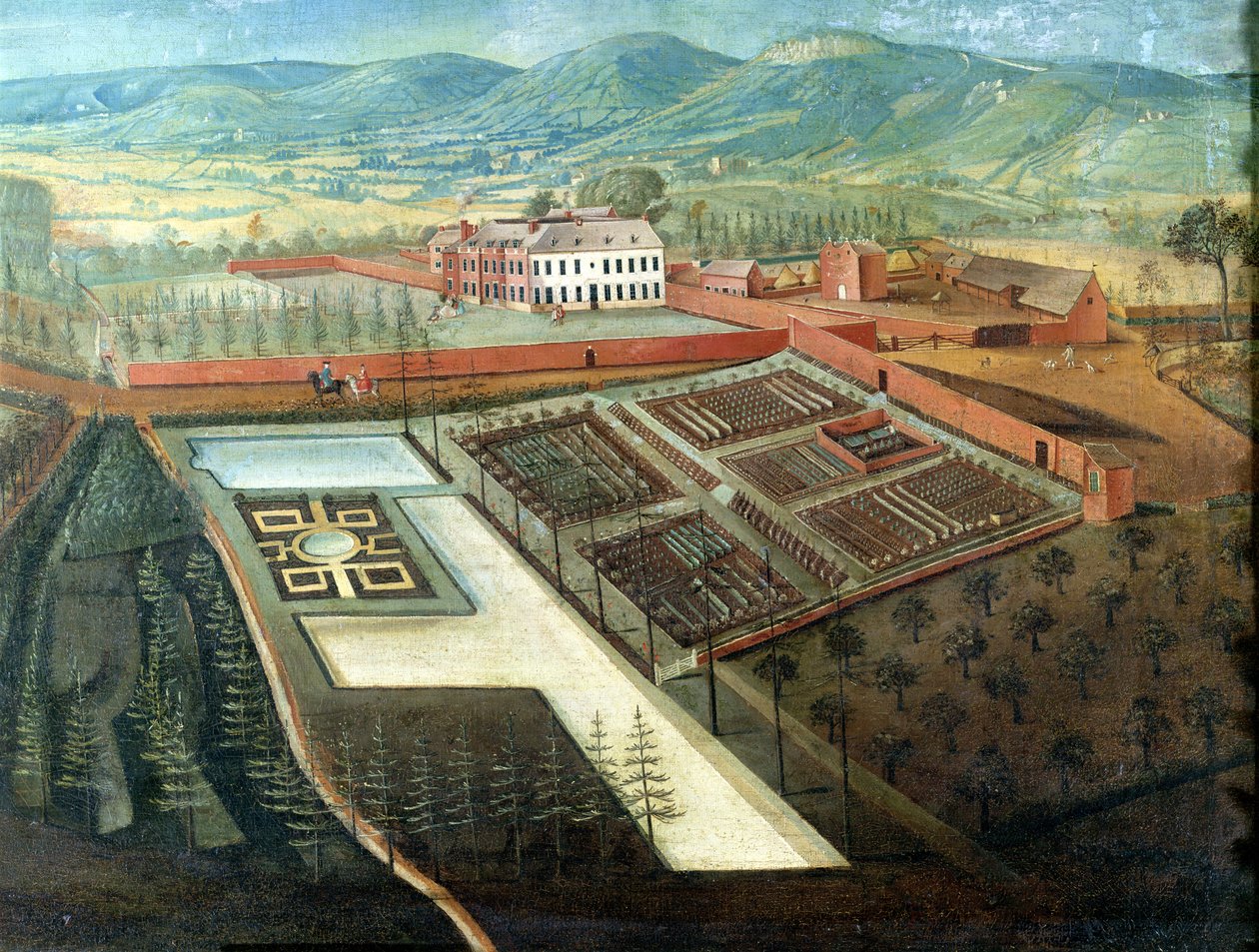 Horta, detalhe da vista panorâmica de Charlton Park, c.1745 (detalhe de 18136) de Thomas Robins