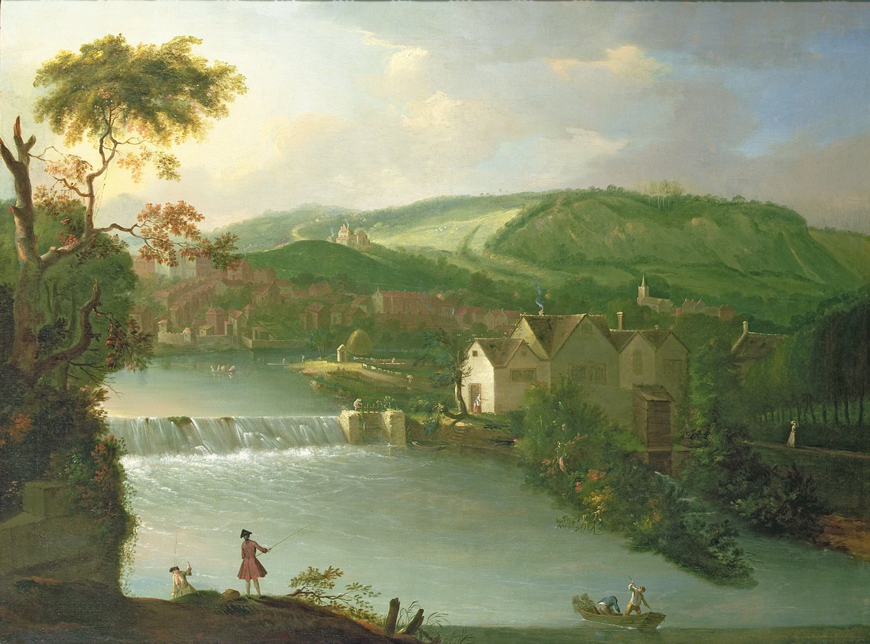 Uma vista do Abbey Mill e Weir no rio Avon, Bath de Thomas Ross