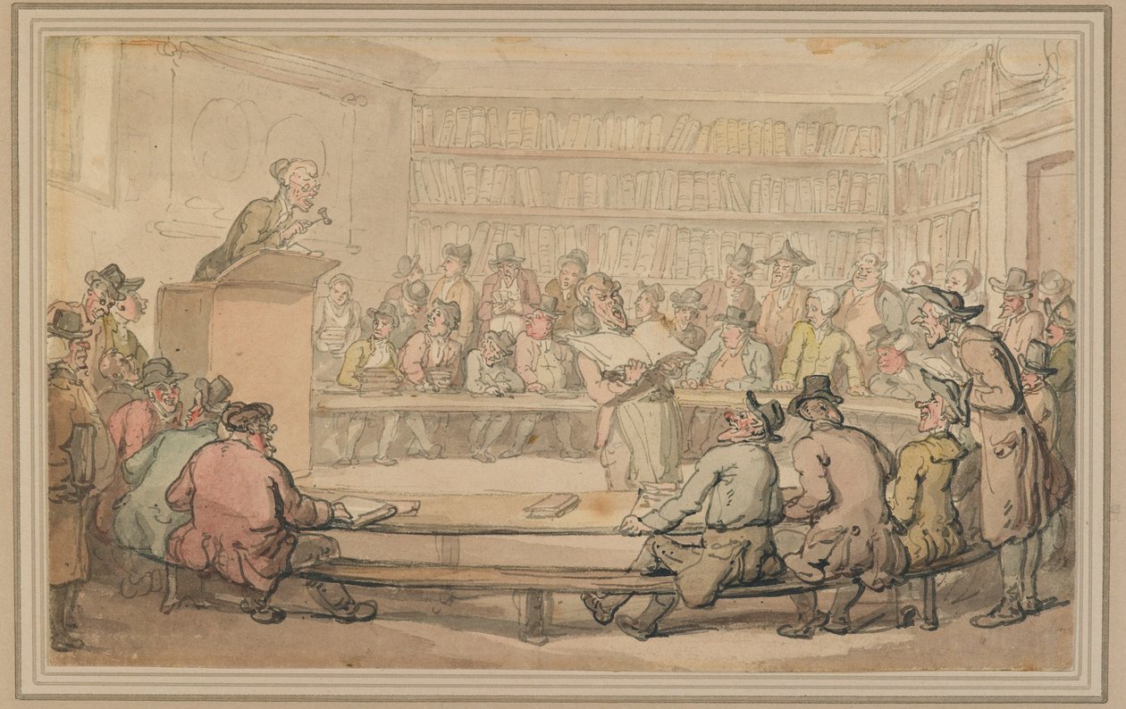 Um leilão de livros na Sothebys, c.1810-15 (caneta e tinta e papel) de Thomas Rowlandson