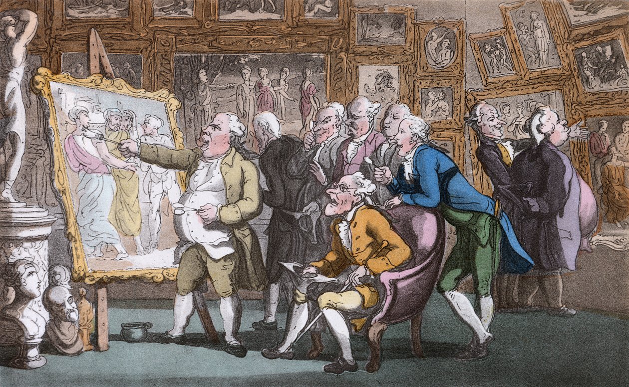 Um Connoisseur, ilustração de &39;O Vigário de Wakefield&39; por Oliver Goldsmith, pub. Ackermann, 1817 (aquatinta colorida à mão) de Thomas Rowlandson