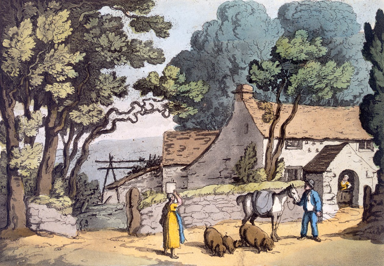 Uma casa de campo no Ducado da Cornualha, 1822 (gravura à mão colorida) de Thomas Rowlandson