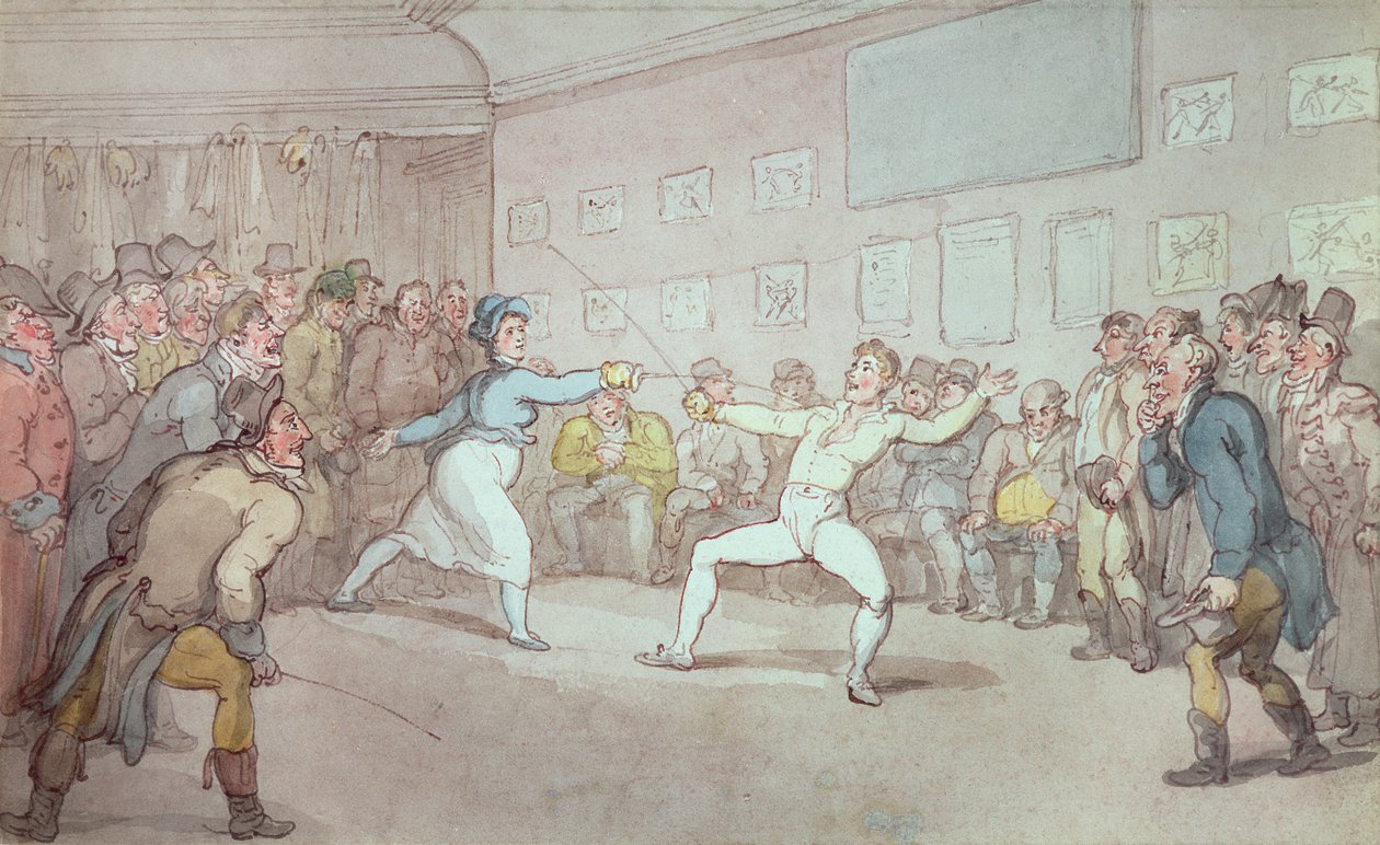 Um duelo de esgrima, provavelmente representando o Chevalier d&39;Eon, vestido como uma mulher de Thomas Rowlandson