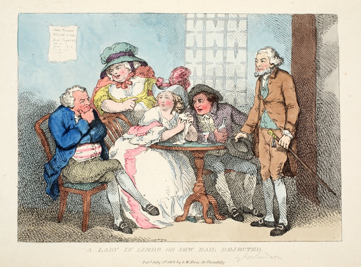 Uma Senhora no Limbo ou Bail Bail Rejected, 1802 (handgreening colorido) de Thomas Rowlandson