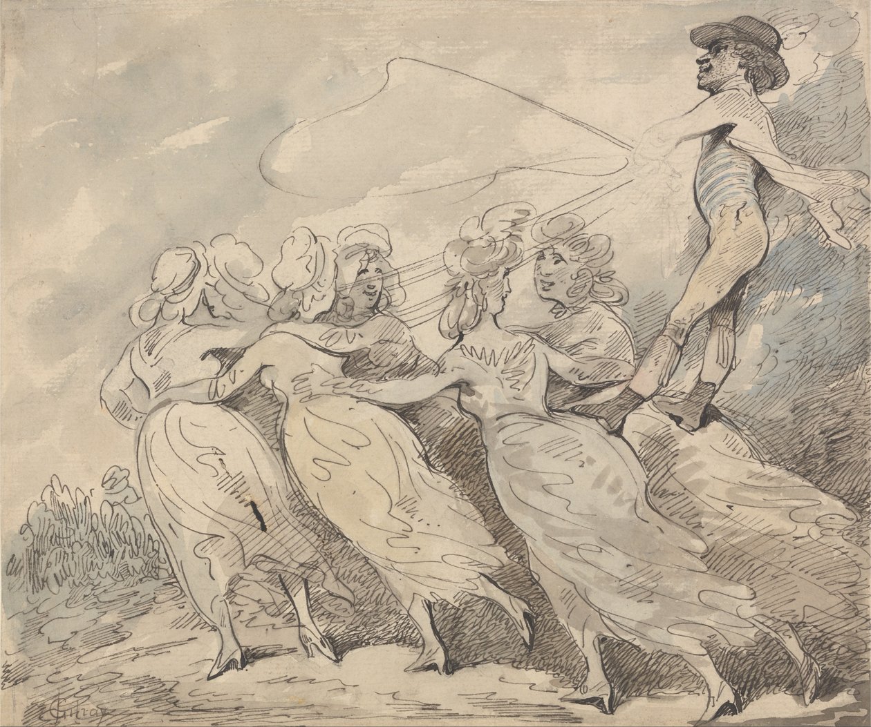 Um homem dirigindo uma equipe de seis meninas de Thomas Rowlandson