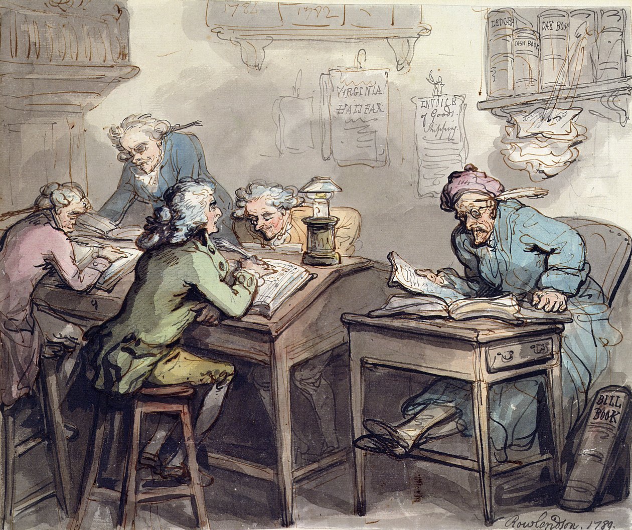 Escritório de um comerciante, 1789 (caneta e tinta sobre grafite sobre papel) de Thomas Rowlandson