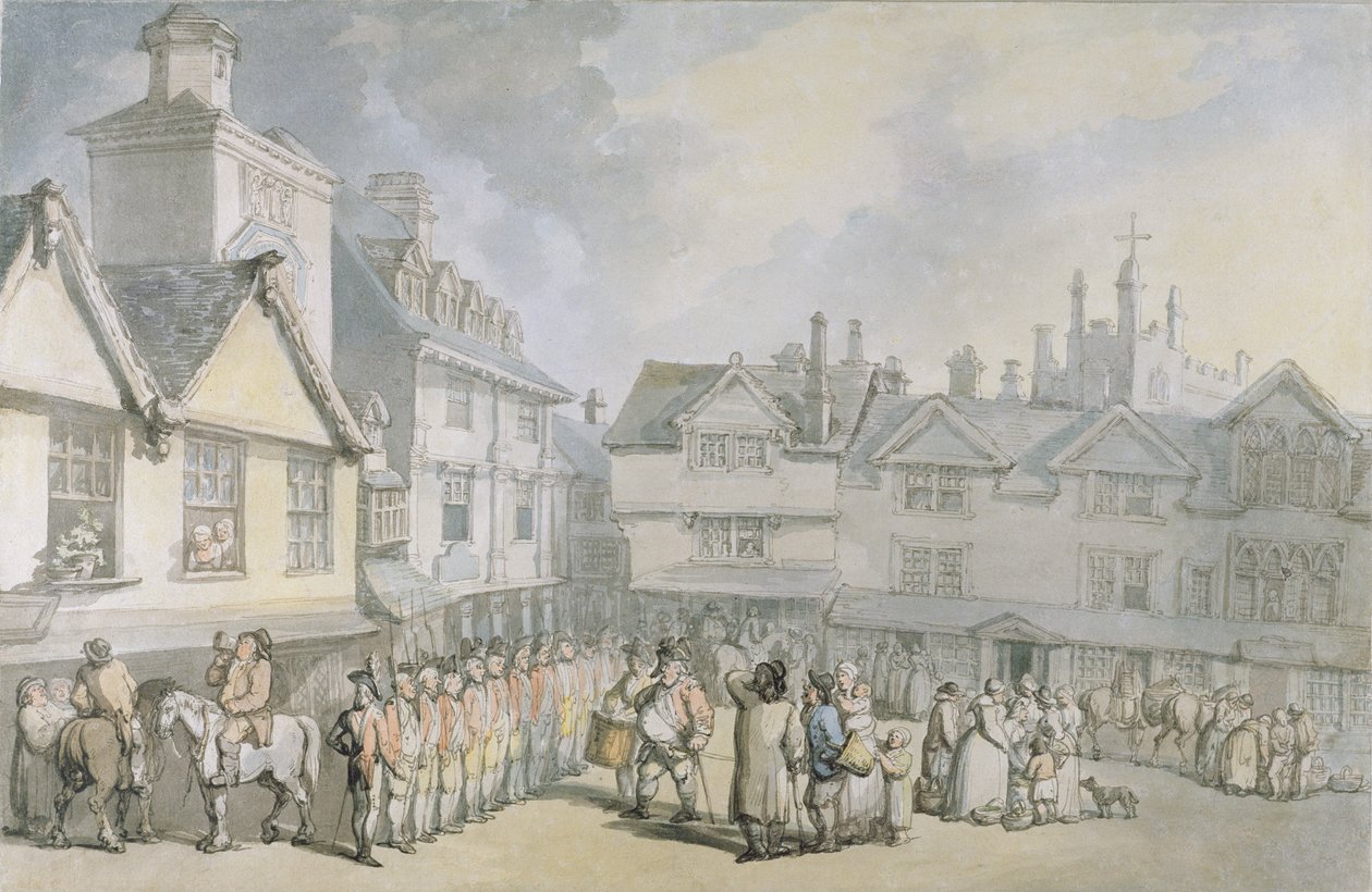 Uma revisão em um mercado, c.1790 (pena e tinta com wc no papel) de Thomas Rowlandson