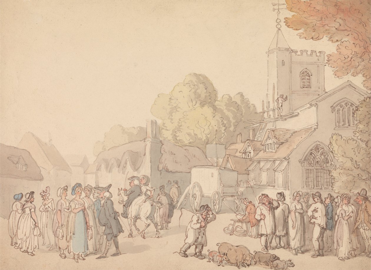 Uma cena de aldeia fora de uma igreja de Thomas Rowlandson
