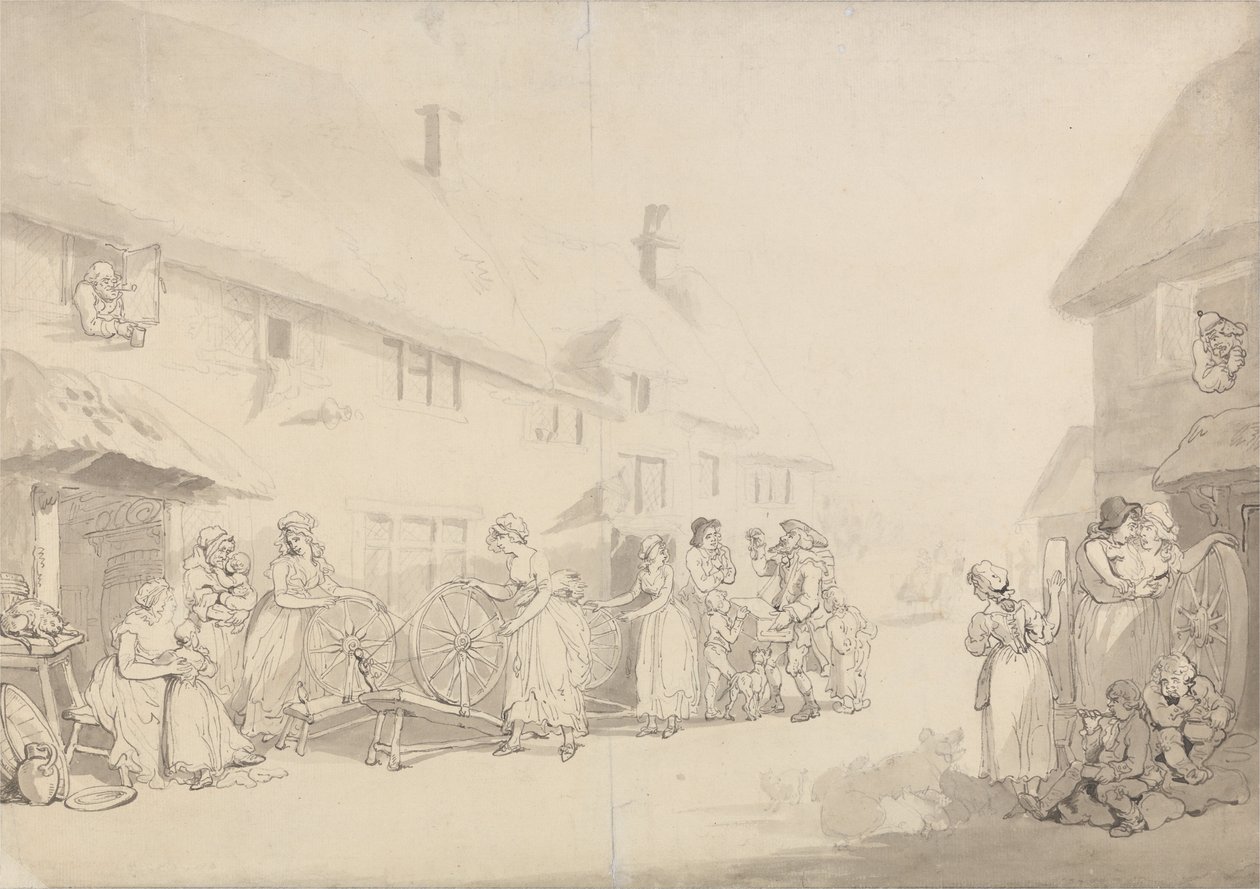 Uma cena de aldeia com meninas girando de Thomas Rowlandson