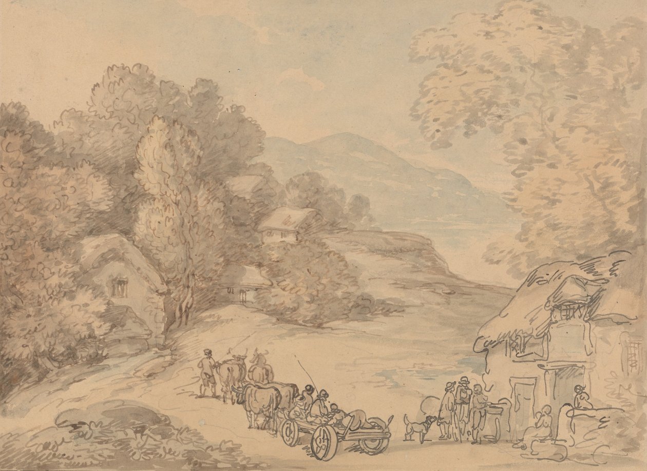 Uma aldeia em uma paisagem montanhosa de Thomas Rowlandson