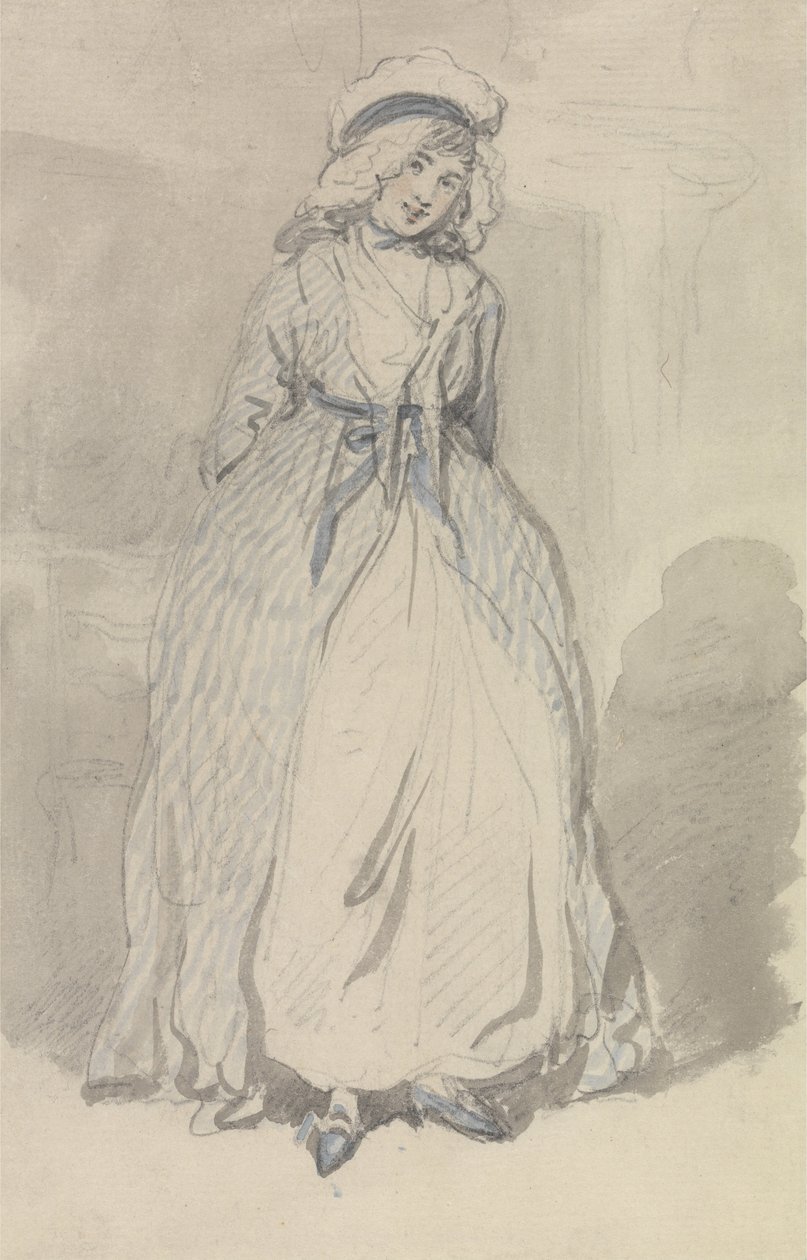 Uma jovem mulher em um vestido listrado azul de Thomas Rowlandson