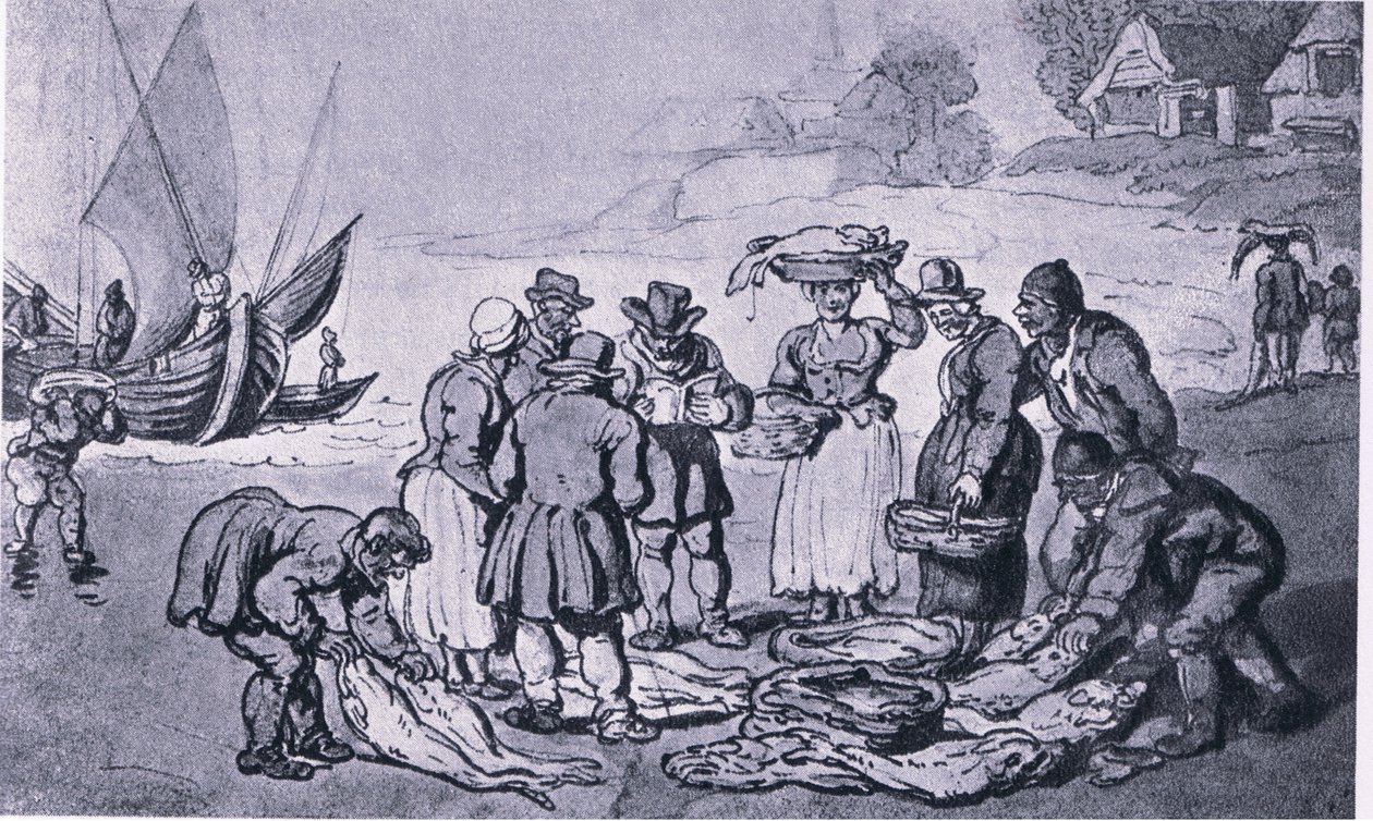 Um mercado de peixe na praia de Thomas Rowlandson