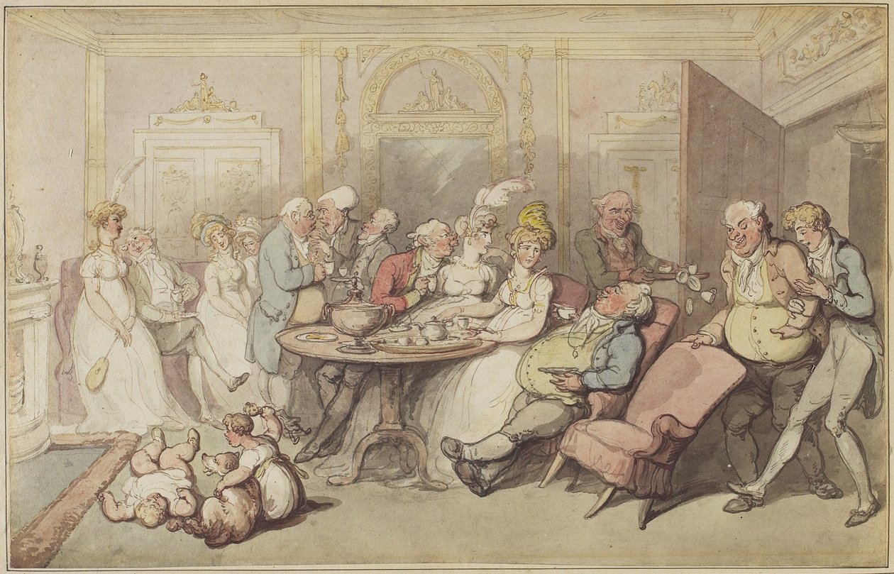 Após o jantar, c.1805 (caneta e marrom, vermelhão e tinta cinza, e wc sobre grafite em papel de capa no suporte original com borda desenhada à mão) de Thomas Rowlandson
