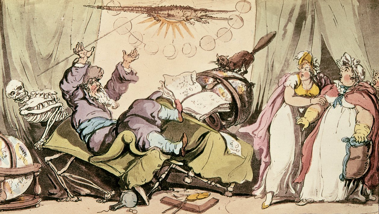Todos os destinos que ele venerou para ele eram conhecidos, e mesmo assim Ele não podia contar a sua própria caricatura de uma cartomante, pub. por R. Ackermann, 1815 de Thomas Rowlandson