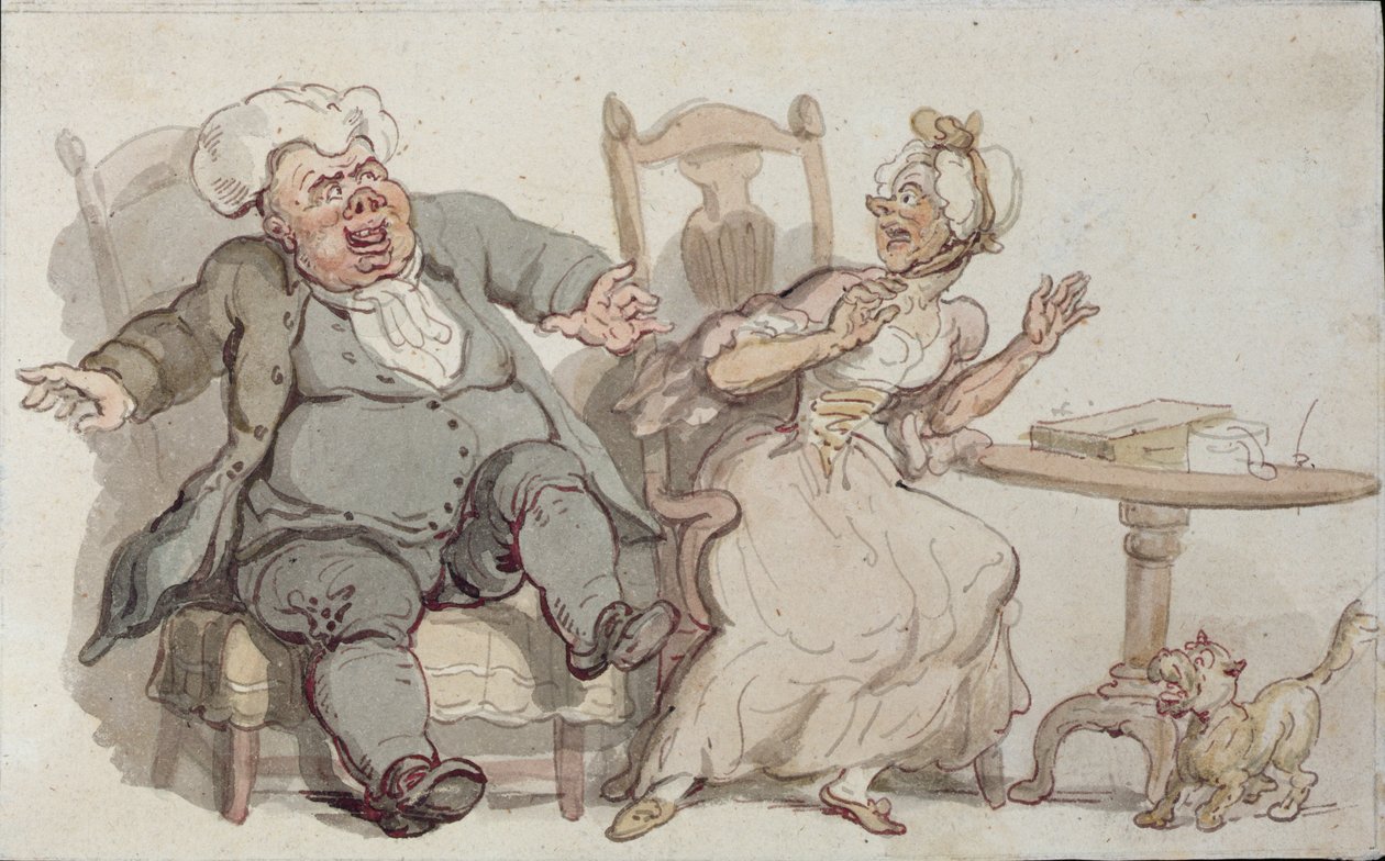 Uma mulher idosa e seu cão assustado pela empresa masculina (caneta e tinta e wc no papel) de Thomas Rowlandson