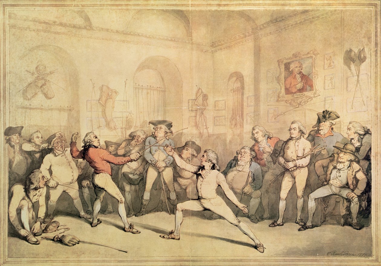 Sala de Esgrima de Angelo, pub. 1787 (impressão) de Thomas Rowlandson