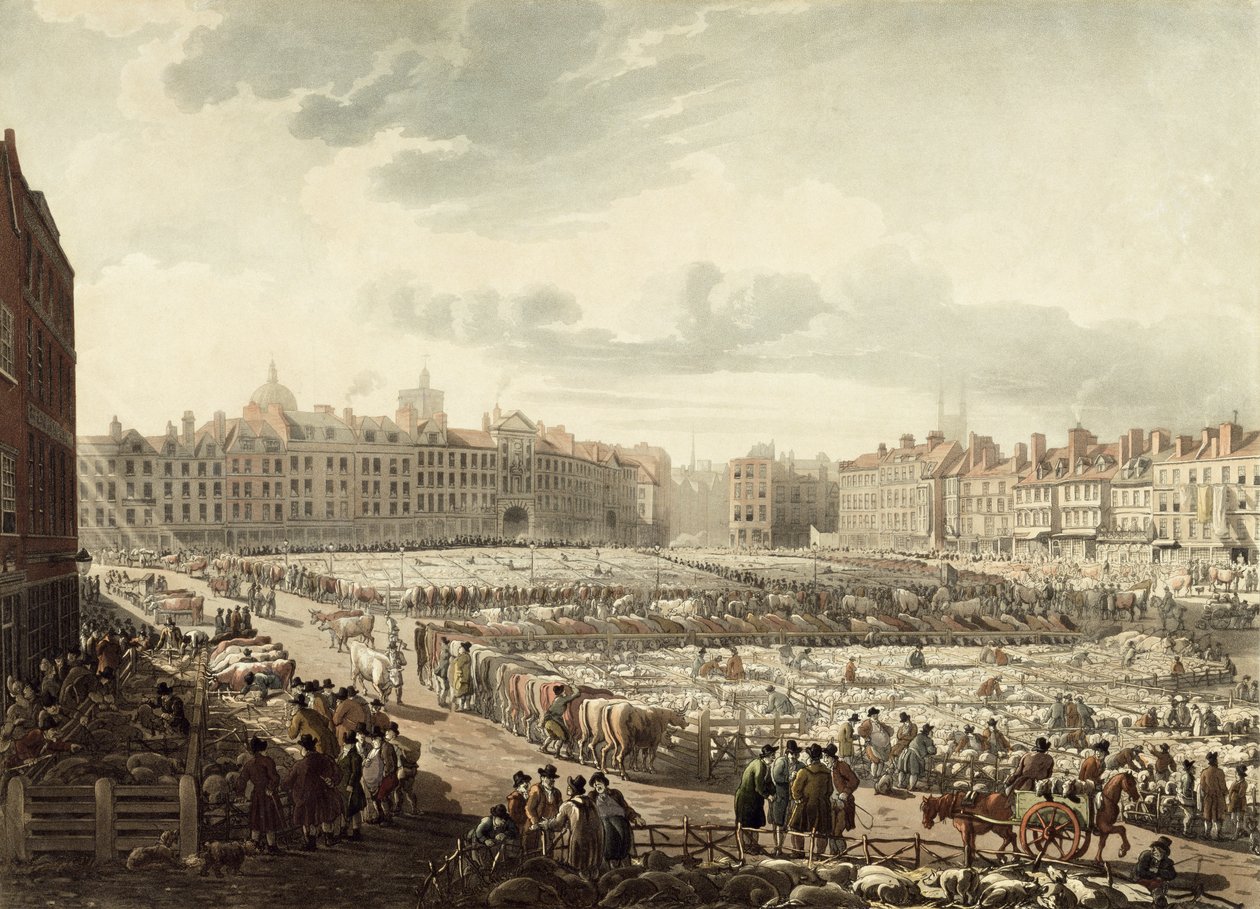 Vista aérea do mercado de Smithfield (aquatint) de Thomas Rowlandson