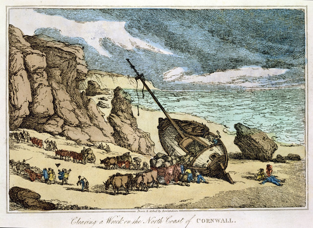 Clearing a Wreck na costa norte da Cornualha, de &39;Sketches from Nature&39;, publicado em 1822 (gravura à mão colorida) de Thomas Rowlandson