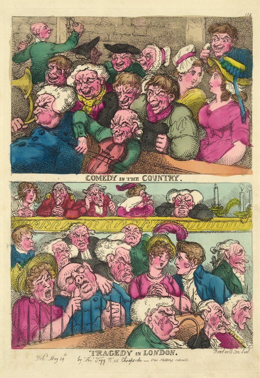 Comédia no País, Tragédia em Londres, 1807 (gravura colorida à mão) de Thomas Rowlandson