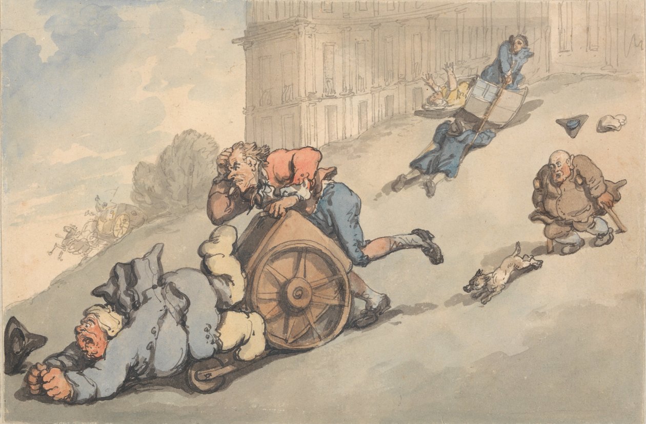 Confortos das pessoas com gotículas de banho caem na colina íngreme de Thomas Rowlandson