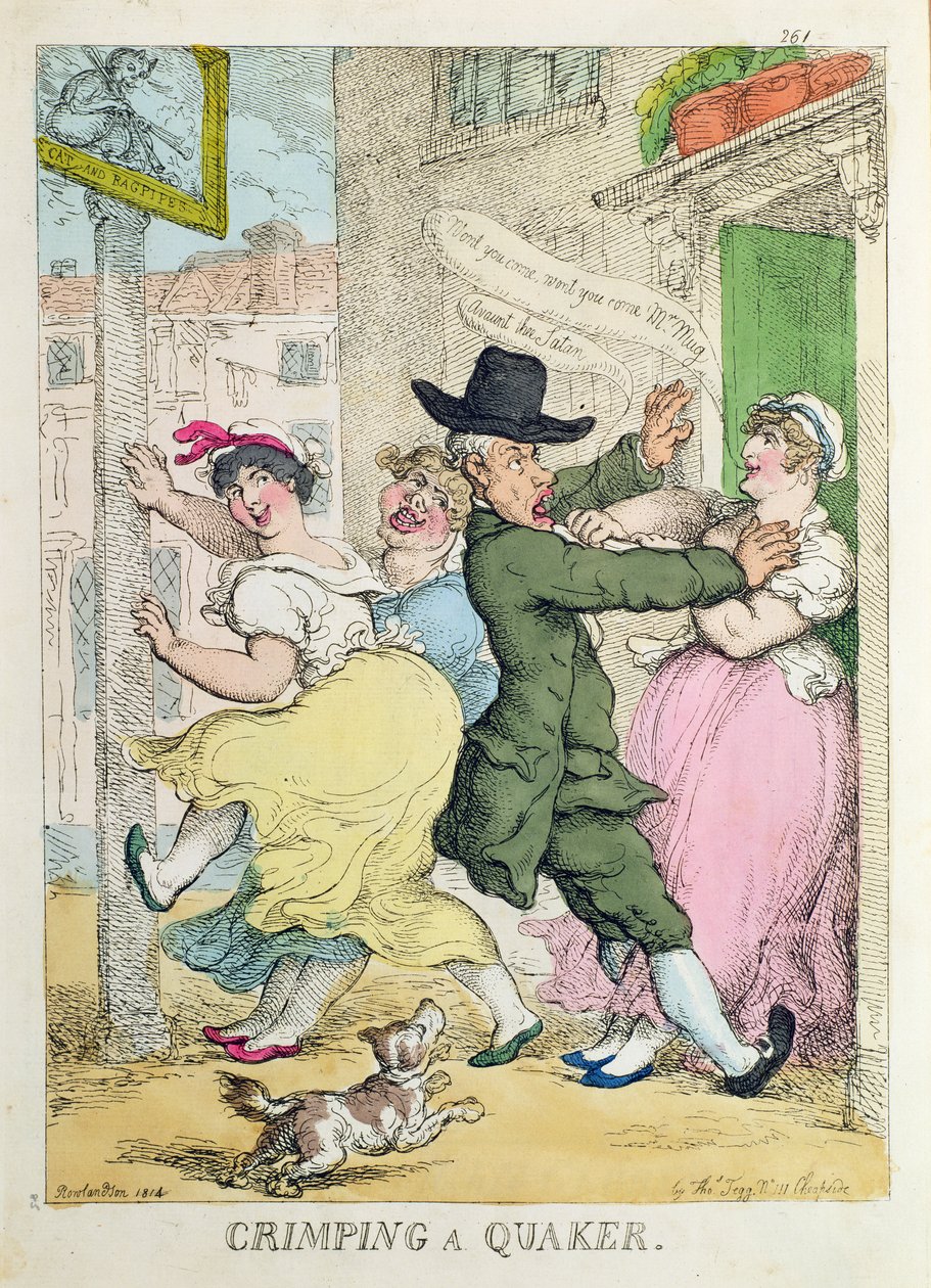 &39;Crimping a Quaker&39; de Tegg&39;s Caricatures Magazine, Vol. IV, 1814 de Thomas Rowlandson
