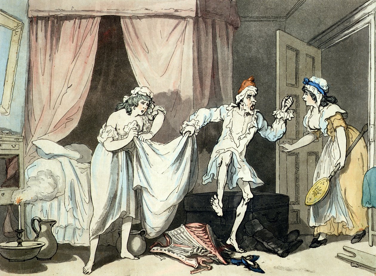 Damp Sheets, aquatinted por Thomas Malton (1748-1804), pub. 1791 (gravura colorida com aquatint) de Thomas Rowlandson