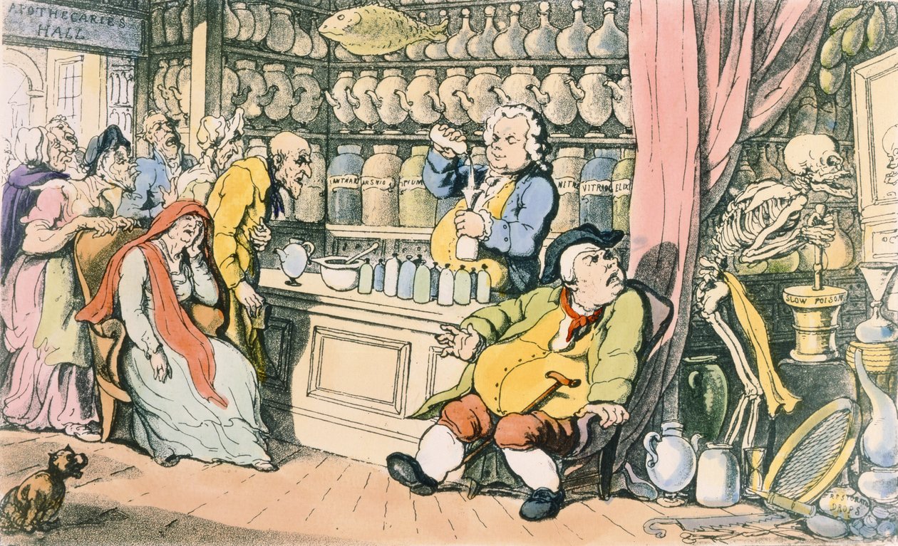 "Morte e o Boticário" ou "O Quack Doctor", ilustração de "A Dança da Morte Inglesa", publicada por R. Ackermann, Londres, 1815-17 (gravura a cores) de Thomas Rowlandson