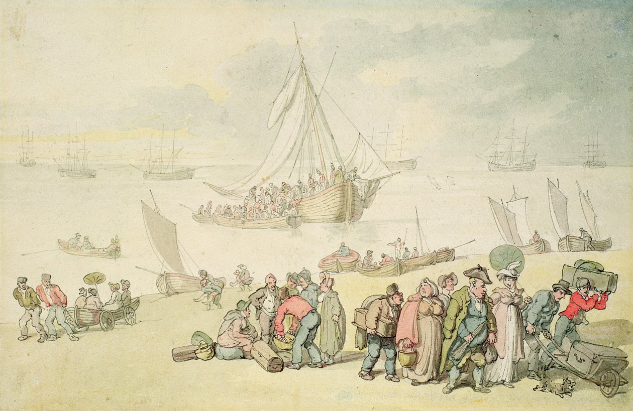 Desembarque no Rio Medina, Ilha de Wight (wc und e caneta e tinta no papel) de Thomas Rowlandson