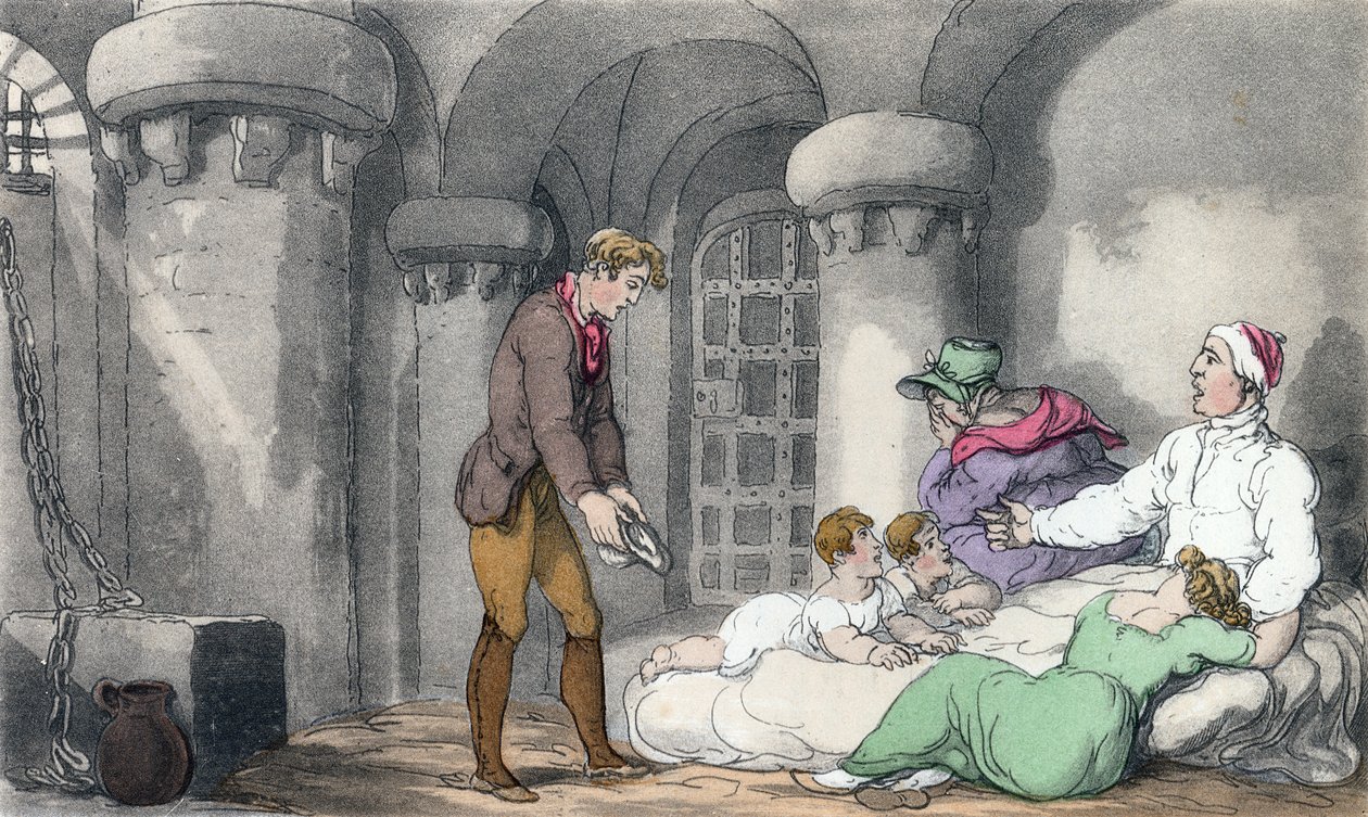 Arranjo doméstico na prisão, ilustração "do vigário de Wakefield" por Oliver Goldsmith, bar. Ackermann, 1817 (aquatinta colorida à mão) de Thomas Rowlandson