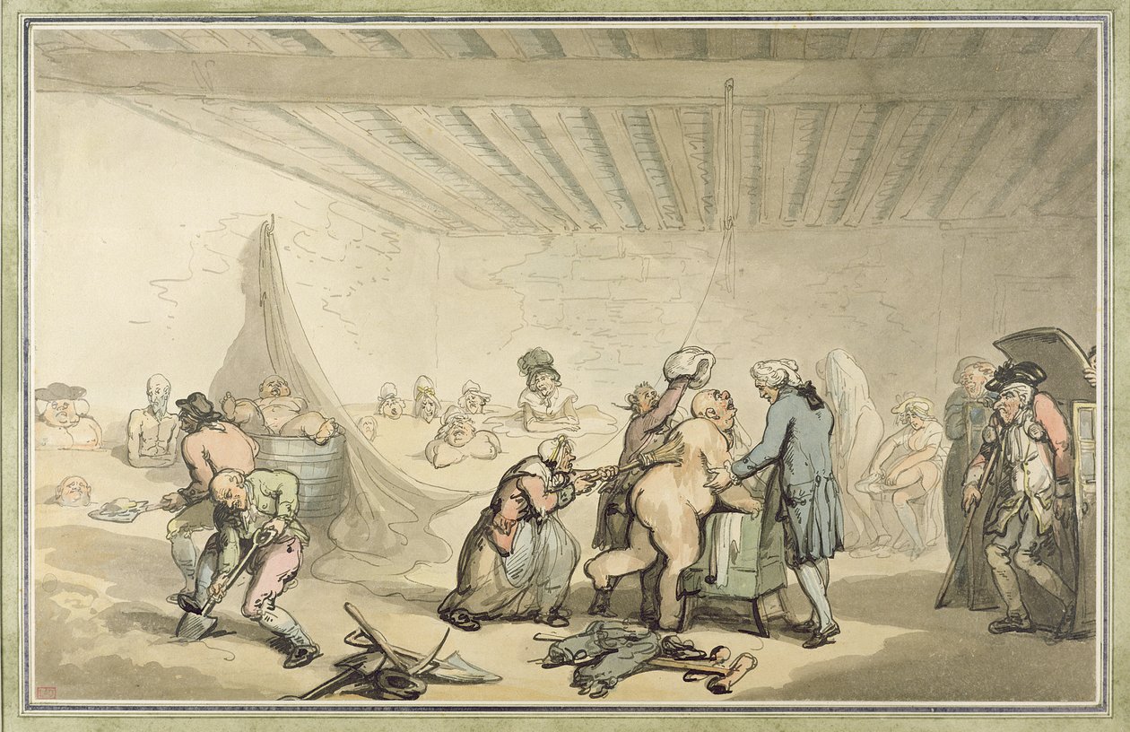 Terra fria do Dr. Graham e estabelecimento de banho de lama quente na 26 Fleet Street, Londres (caneta e tinta com wc sobre grafite sobre papel) de Thomas Rowlandson