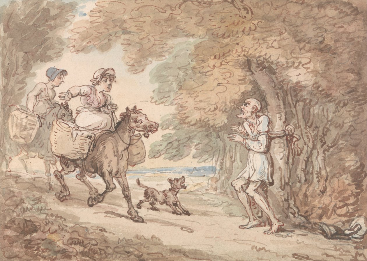 Dr. Syntax ligado a uma árvore por Highwaymen de Thomas Rowlandson