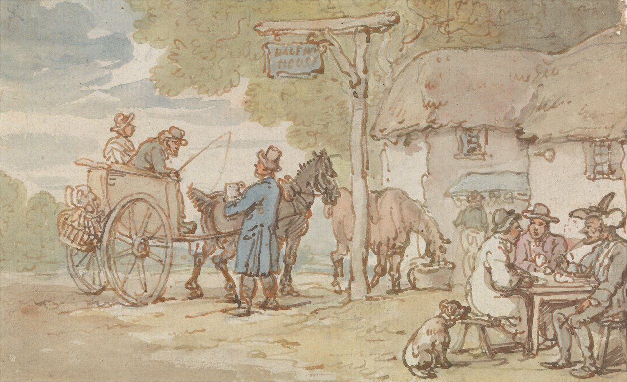 Dr Syntax fora do Halfway House de Thomas Rowlandson