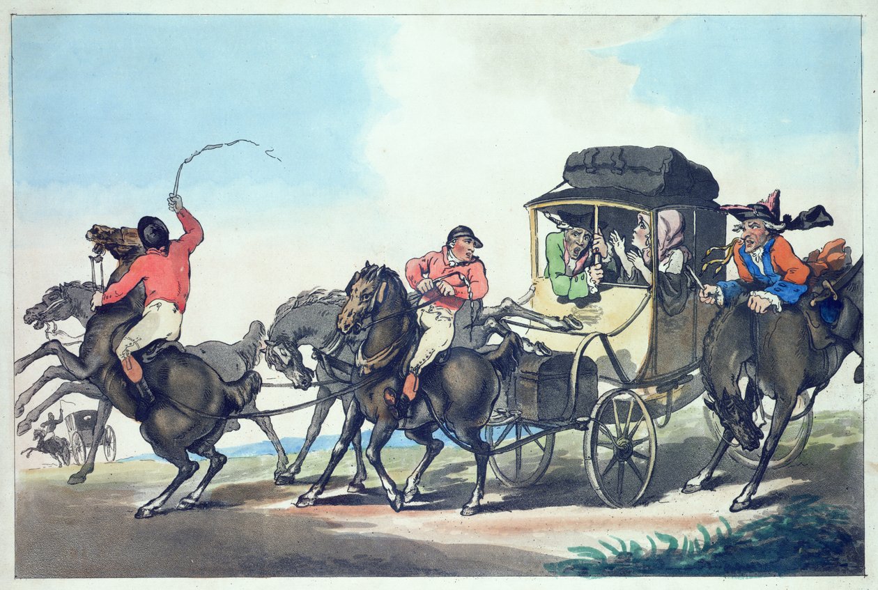 English Traveling, ou The First Stage de Dover, ambientado por Francis Jukes (1747-1812), pub. por T. Smith, 1785 (gravura colorida com aquatinta) (par de 125734) de Thomas Rowlandson