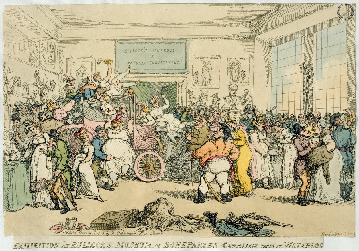 Exposição no museu do boi do transporte de Bonaparte tomado em Waterloo, bar. por Rudolph Ackermann, 1816 (aquatinta) de Thomas Rowlandson