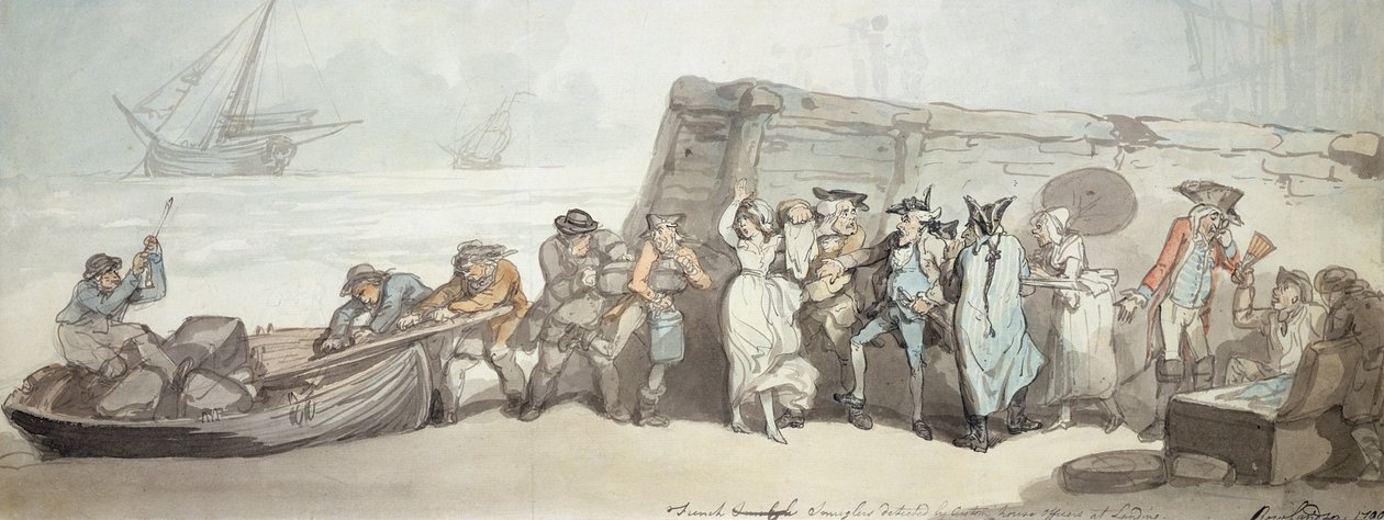 Contrabandistas franceses detectados por agentes da alfândega em Landing, 1790 (caneta e tinta, wc e tinta para lavar no papel) de Thomas Rowlandson