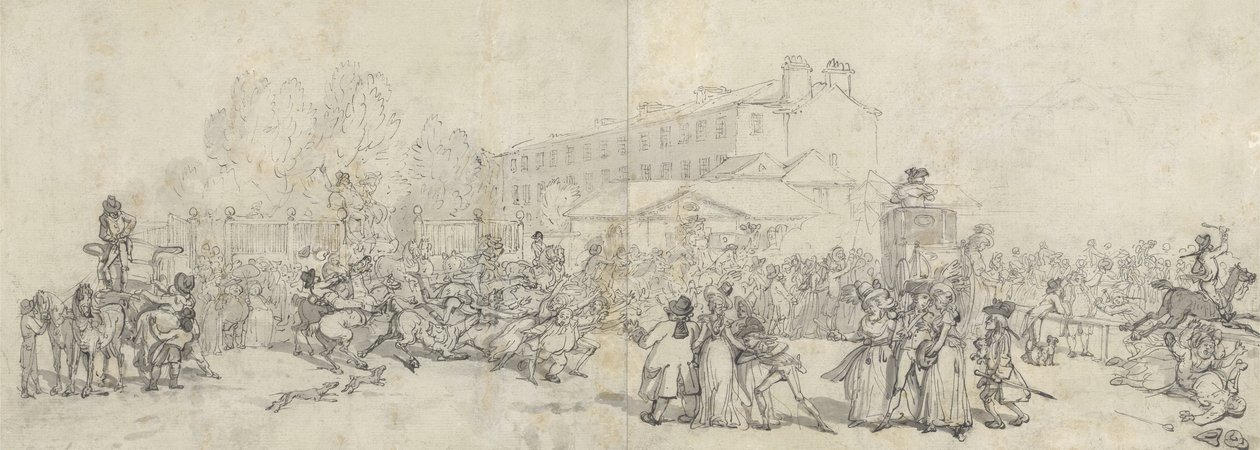 Hyde Park Corner (caneta e tinta com lavagem e grafite sobre papel) de Thomas Rowlandson