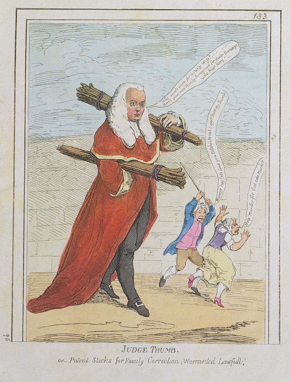 Juiz Thumb - ou Patent Sticks para Family Correction; Warranted Lawfull, desenho animado do juiz Butler, de Rowlandson&39;s Caricature Magazine, vol. II, pub. por Thomas Tegg, c.1782 (impressão) de Thomas Rowlandson