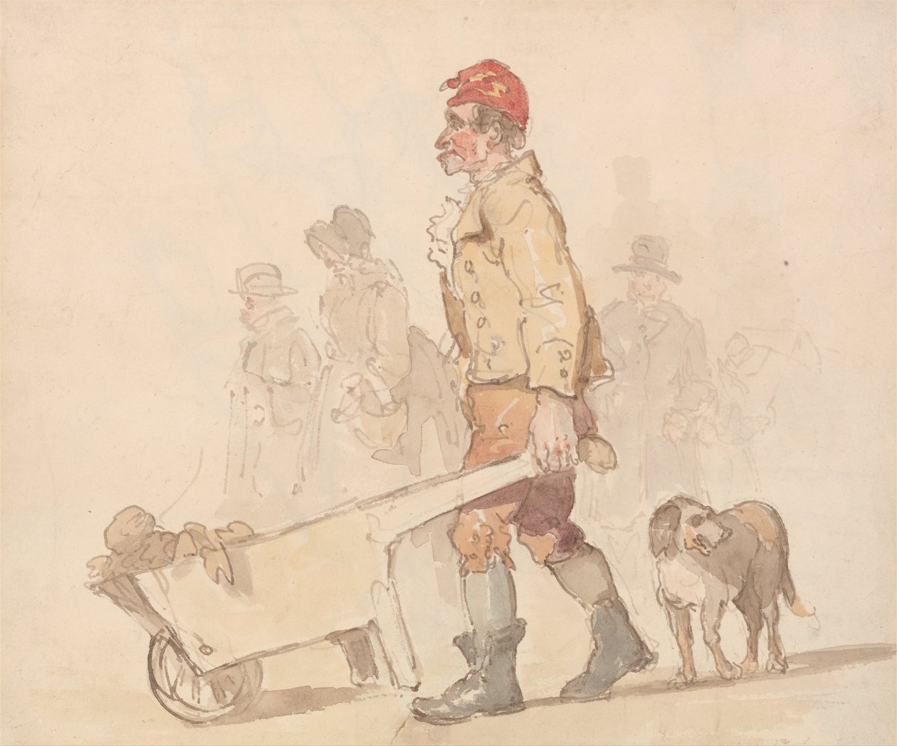Homem, com, carrinho mão, e, cão de Thomas Rowlandson