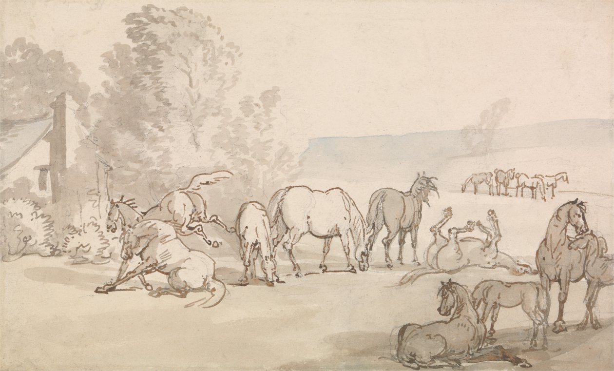 Éguas e potros em um campo de Thomas Rowlandson