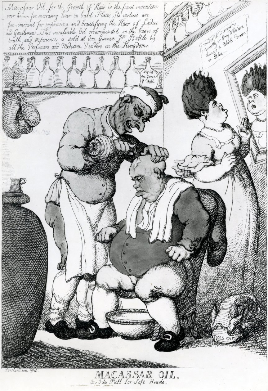 Massacar Oil, uma esponja oleosa para cabeças moles, 1814 de Thomas Rowlandson