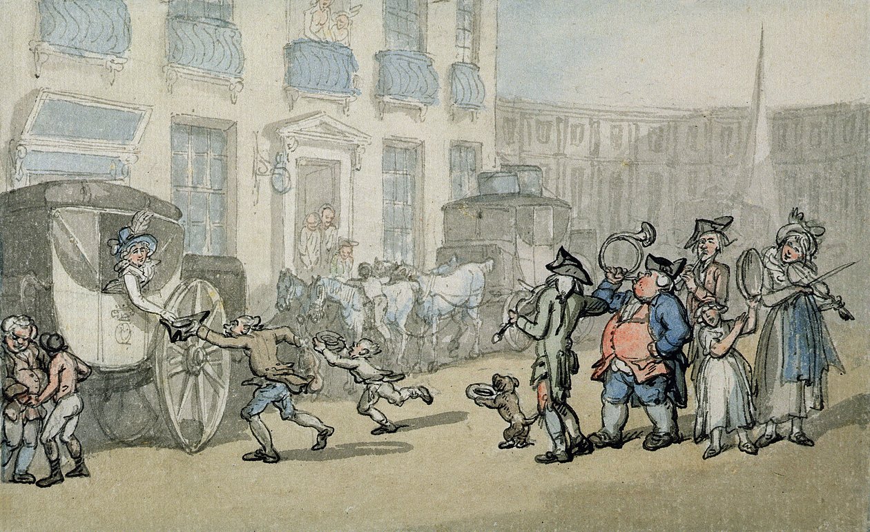 Matthew Bramble&39;s Trip to Bath: Chegada a Bath (wc, caneta e tinta e lápis sobre papel deitado no suporte) de Thomas Rowlandson