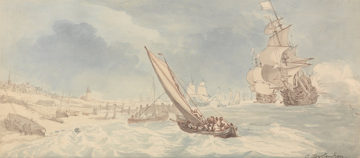 Homens de guerra e barcos à vela perto de uma costa de Thomas Rowlandson