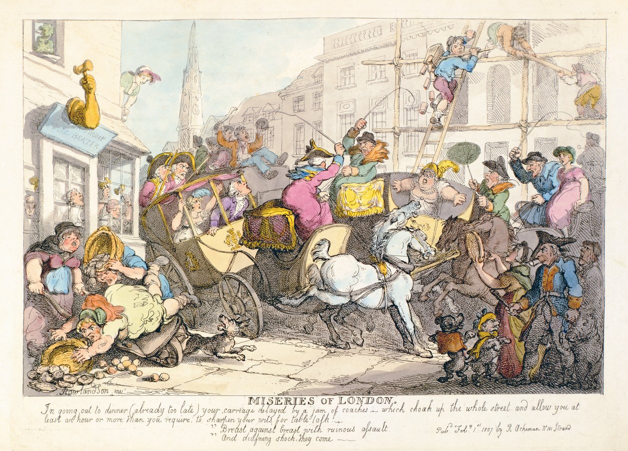 Miseries de Londres: Peito contra peito com assalto ruinoso e choque mortal eles vêm, pub. por Ackermann, 1807 de Thomas Rowlandson